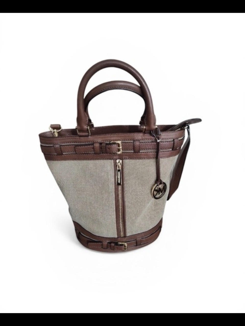 Michael Kors Beige Canvas and Brown Leather Tote